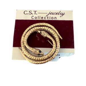 Vintage C.S.T. Jewelry Double Snake Brooch Green Stone Eyes Gold Tone New